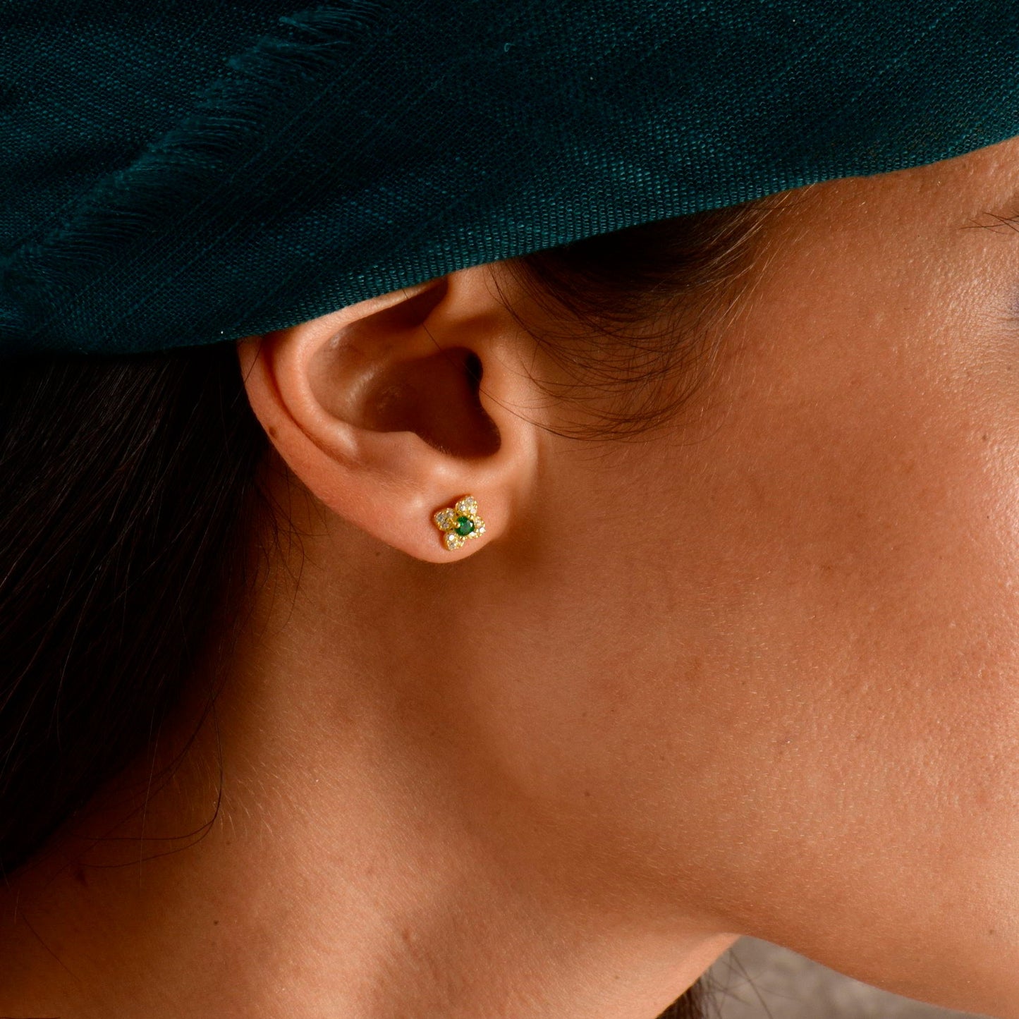Minimalist Emerald Flower Stud Earrings