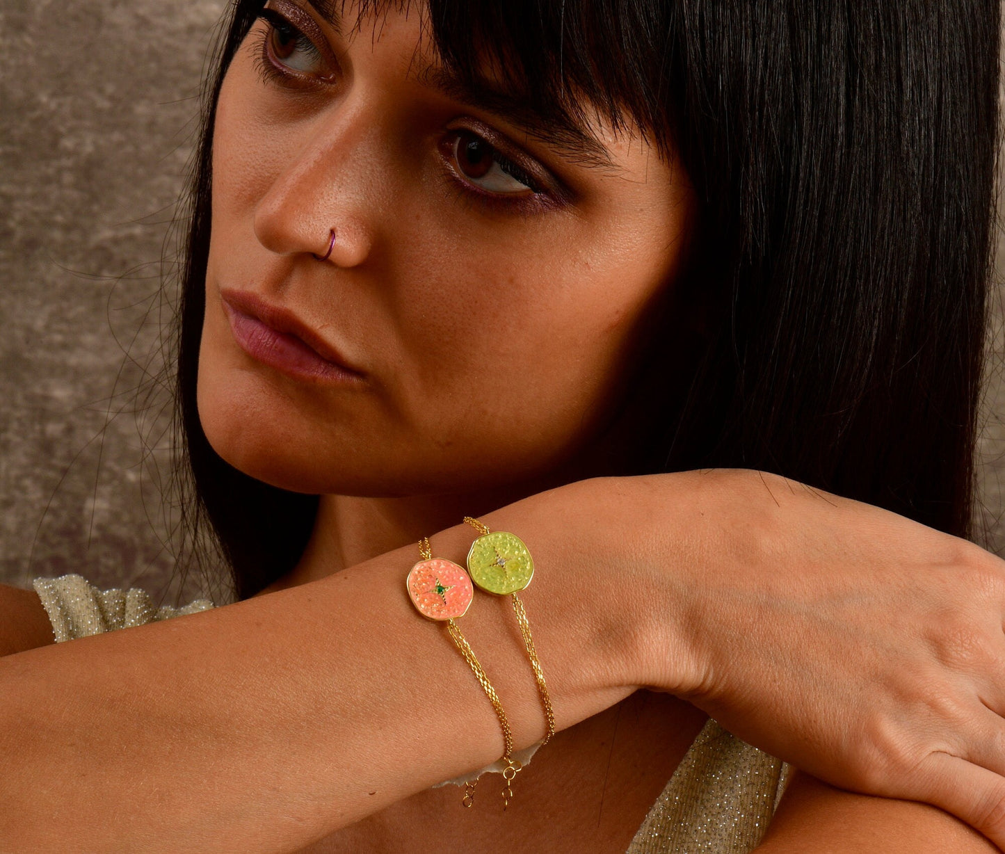 Pink Enameled Emerald Star Bracelet