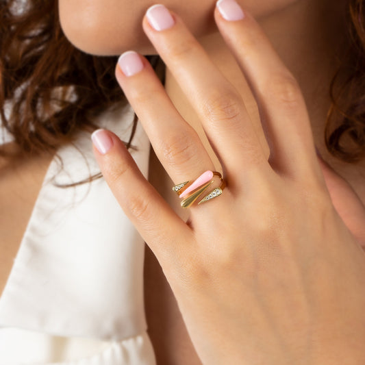 Pink Enameled Teardrop Ring