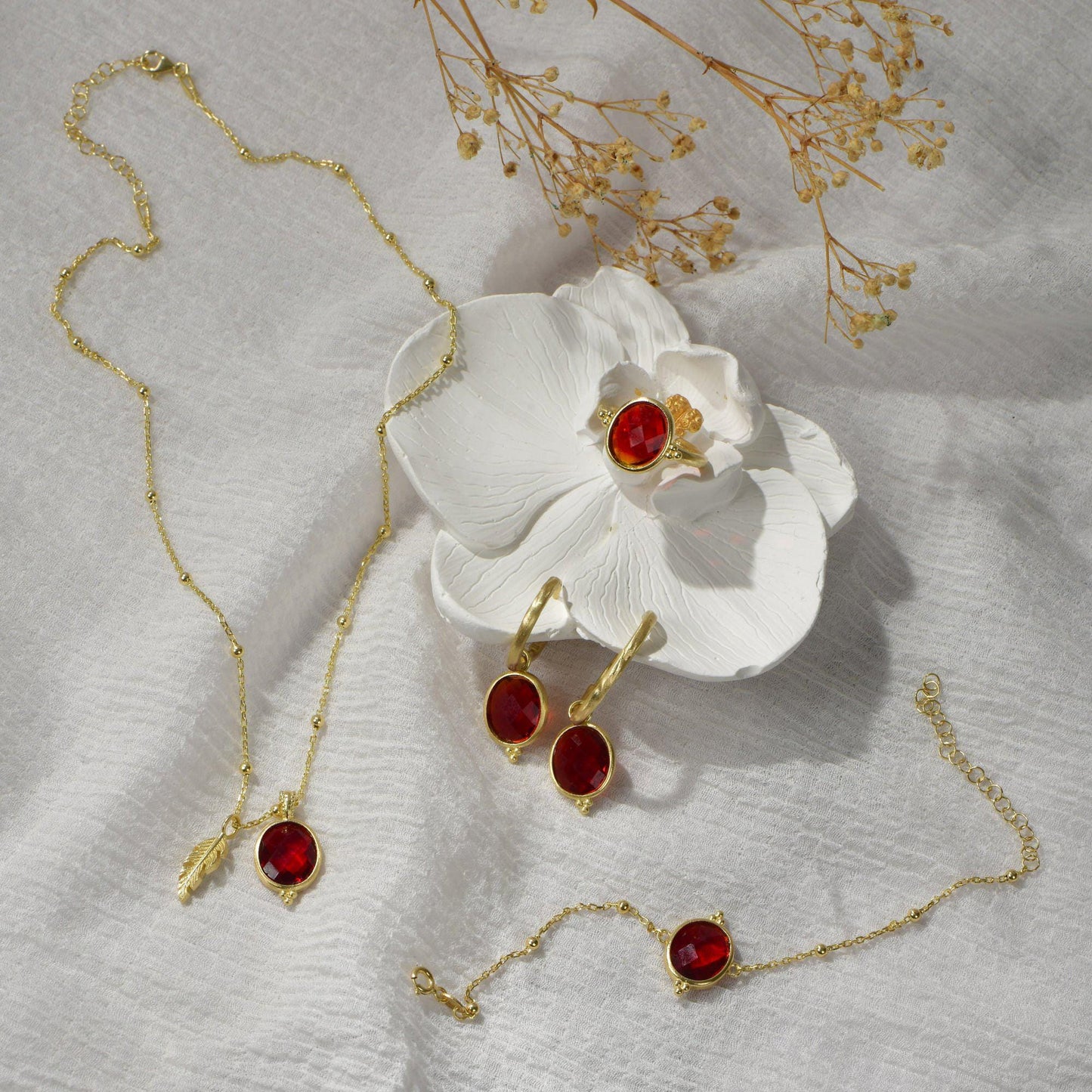 Ruby Ruby Birthstone Jewelry Set in 24K Gold