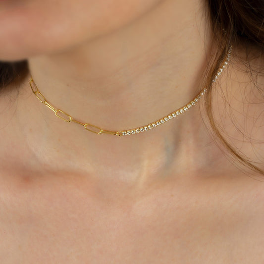 Half Tennis Half Paperclip Choker Necklace