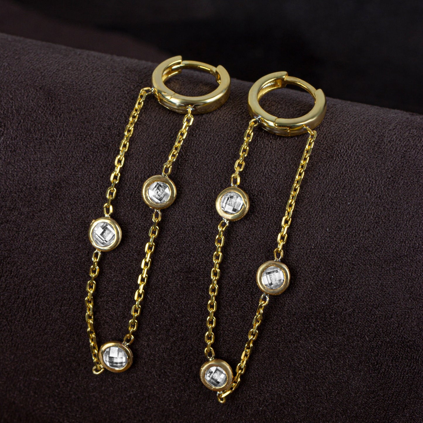 Bezel Diamond Chain Drop Earrings