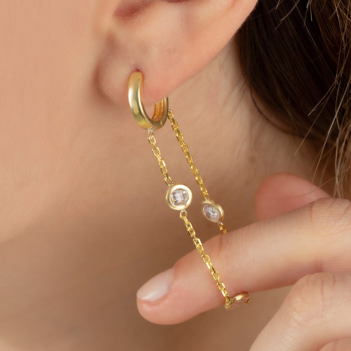 Bezel Diamond Chain Drop Earrings